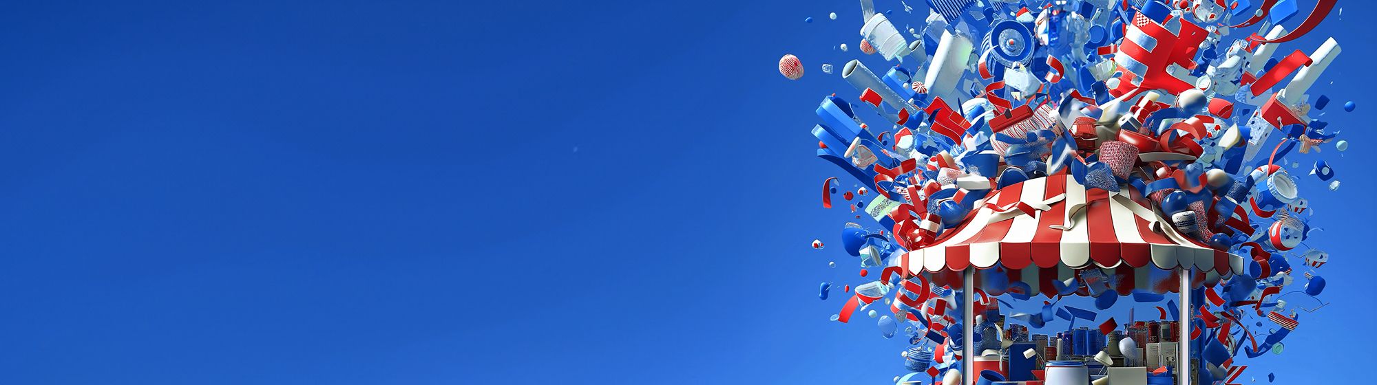Illustration colorée représentant un kiosque entouré d’objets et de contenants en explosion, évoquant l’univers de l’emballage et de la consommation.