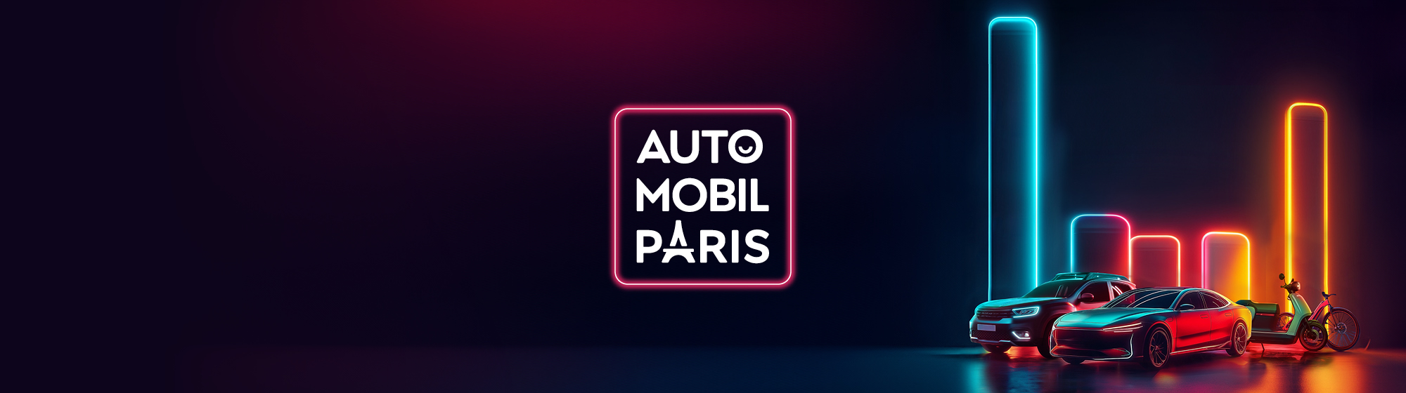 Visuel graphique aux néons représentant différents modes de mobilité avec voitures et deux-roues, accompagné du logo Auto Mobil Paris