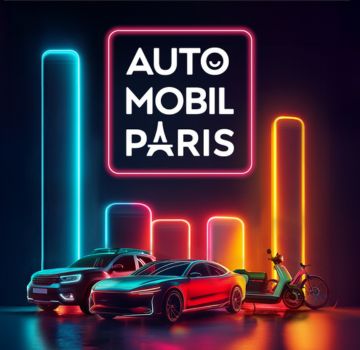 Visuel graphique aux néons représentant différents modes de mobilité avec voitures et deux-roues, accompagné du logo Auto Mobil Paris