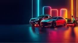 Voitures et motos futuristes éclairées par des néons colorés, mises en scène sur fond sombre pour illustrer la mobilité et l’innovation. Foire de Paris