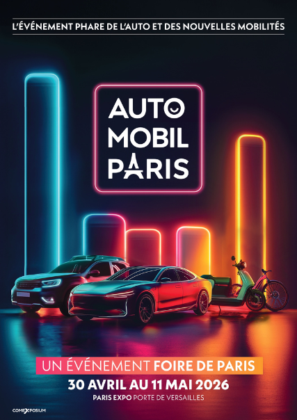 Visuel graphique aux néons représentant différents modes de mobilité avec voitures et deux-roues, accompagné du logo Auto Mobil Paris