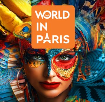 Visuel artistique et coloré représentant la diversité culturelle mondiale, avec une figure féminine stylisée et le logo World in Paris au centre