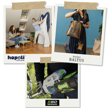 3 polaroids illstrant un homme tenant une couette, une femme tenant un sac et un outil de jardin