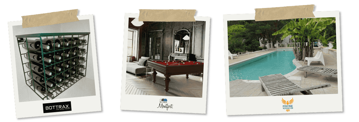 3 polaroids présentant une cave a vin, un billard et une piscine