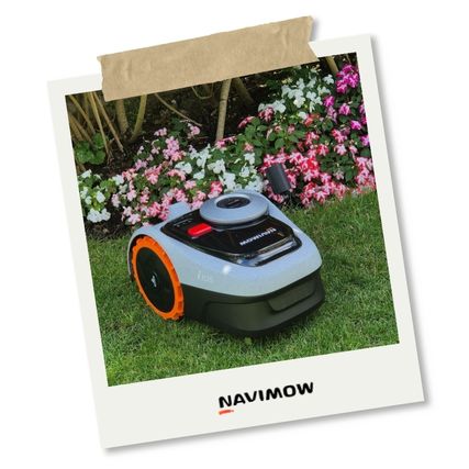 Robot tondeuse autonome sur pelouse verte devant un massif de fleurs colorées, dans un jardin soigné et moderne