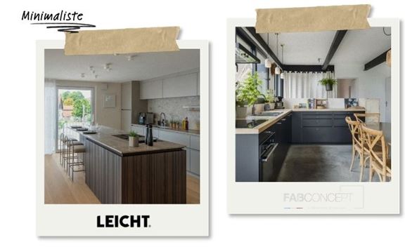 Montage de deux cuisines minimalistes avec ilot central, meubles modernes et style epure presente en format photo type polaroid.