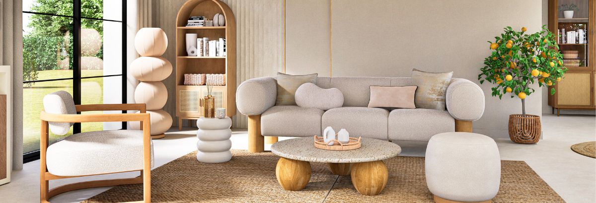Un espace lumineux et aéré avec des tons beiges doux, des meubles minimalistes et une touche de verdure pour une ambiance sereine.
