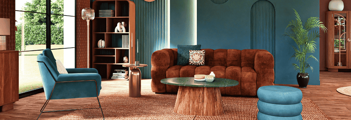 Un salon moderne et sophistiqué avec des murs bleu-vert profond, des meubles aux tons terreux et une décoration minimaliste qui dégage chaleur et style.