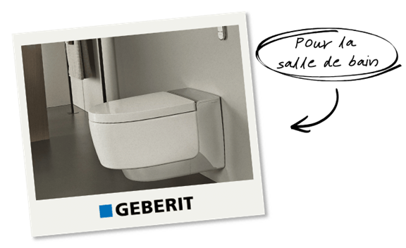 Photo d'une toilette suspendue Geberit au design moderne, installée contre un mur clair, avec des lignes épurées et une finition élégante. Logo Geberit visible en bas.