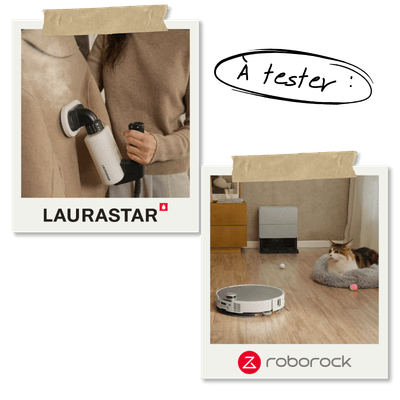 Photo montrant deux appareils : un défroisseur Laurastar en cours d'utilisation et un robot aspirateur Roborock dans une maison. La photo illustre des produits modernes pour le ménage. Logos Laurastar et Roborock en bas.