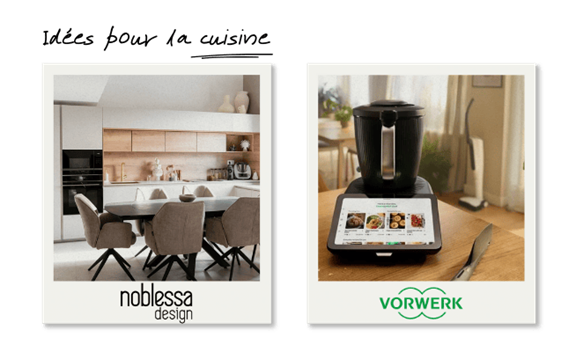 Photo d'une cuisine moderne avec des meubles Noblessa Design, et un Thermomix Vorwerk posé sur une table, prêt à l'emploi. Une ambiance élégante et pratique dans un espace de cuisine bien conçu. Logos Noblessa et Vorwerk visibles.