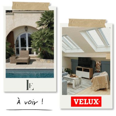 Photo de deux installations, une de fenêtres Velux, L'autre de fournitures Lifestyle FabricLa première montre une porte-fenêtre donnant sur une piscine et des plantes, tandis que la seconde montre une lumière naturelle entrant par des fenêtres de toit dans un salon moderne. Logo Velux visible et Lifestyle Fabric.