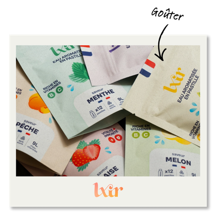 Des pastilles vitaminées naturelles de LXIR aux saveurs fruitées (menthe, pêche, melon), conçues pour apporter des bienfaits en vitamines B et C, disponibles en plusieurs formats pratiques.