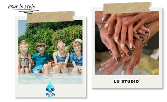 composition de deux photos : Cinq enfants assis au bord d’une piscine extérieure, lunettes de natation sur le visage, souriants et détendus, illustrant un moment ludique et estival. l'autre Un empilement de mains aux ongles manucurés avec des motifs colorés et graphiques, capturé en lumière naturelle pour mettre en avant la créativité et le savoir-faire nail art.