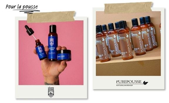 Produits de soin pour la barbe et cheveux Purepousse, présentés dans des flacons et pots sur fond coloré.