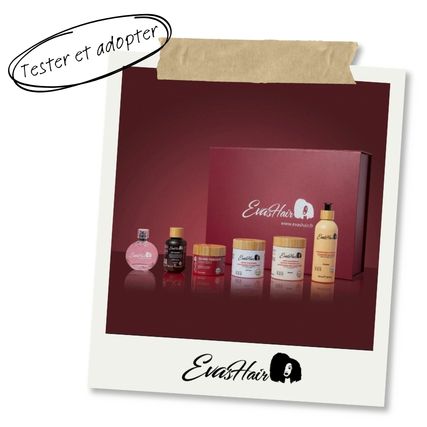 Une sélection de produits capillaires de la marque Eva's Hair présentée dans un coffret, avec le slogan "Tester et adopter".