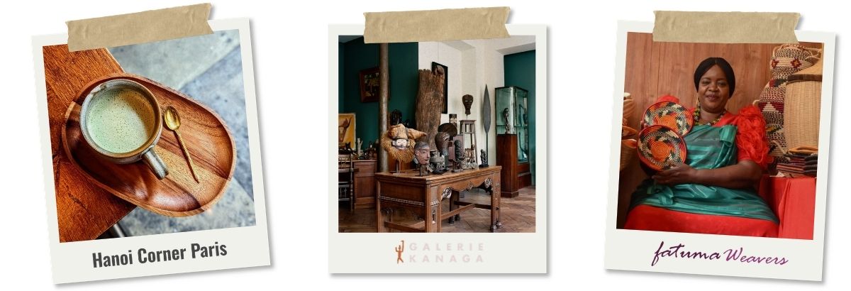 Sélection de commerces culturels à Paris : boisson matcha chez Hanoi Corner, galerie d’art africain Galerie Kanaga et artisane présentant des paniers tissés chez Fatuma Weavers