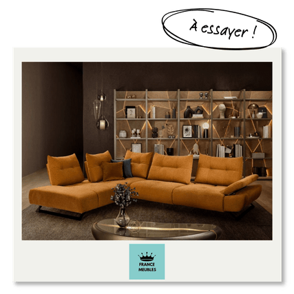 Ce canapé moderne, orange et confortable, avec des coussins inclinables, ajoute une touche chaleureuse et stylée à votre salon.