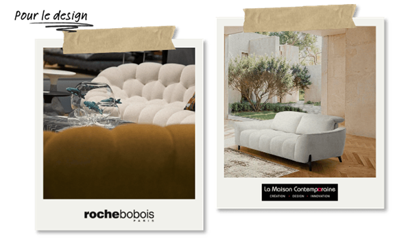 à gauche, un canapé élégant et sophistiqué de la marque Roche Bobois, reconnu pour son design luxueux et raffiné ; à droite, un modèle contemporain de La Maison Contemporaine, qui offre un style minimaliste et innovant, parfaitement adapté à un intérieur moderne.