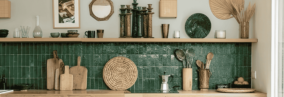 Cuisine chaleureuse au style naturel avec zellige vert, bois brut et décoration artisanale.