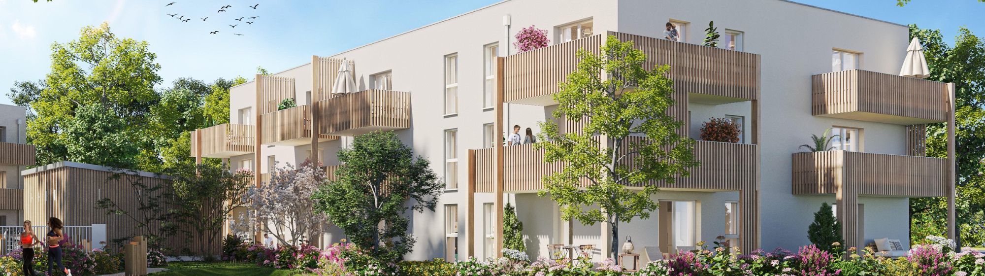 Résidence moderne avec balcons en bois et espaces verts paysagers, dans un environnement résidentiel calme