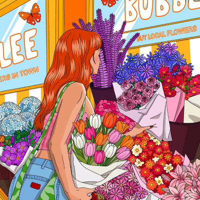 Illustration colorée d’une femme rousse achetant un bouquet de fleurs chez un fleuriste.